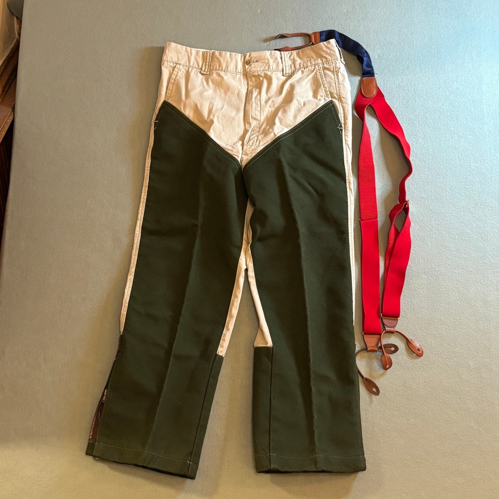 VTG Orvis Mens Two Tone Hunting Pants with Suspenders Khaki Green 32x32